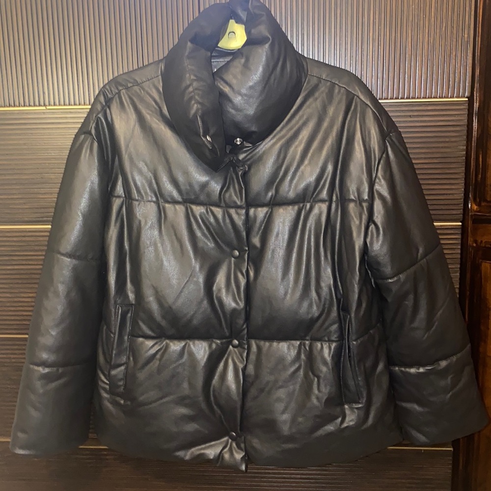 Faux Leather Waist Length Puffer